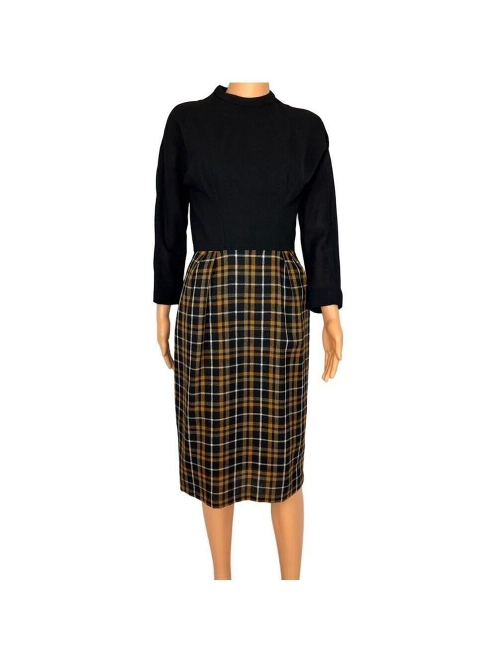 Vintage Dress Plaid & Black Wool Lined Women's XS Polly Bergen